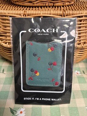 Coach Cherry Print Phone Pocket Wallet NWT Leather Stick On Card Holder